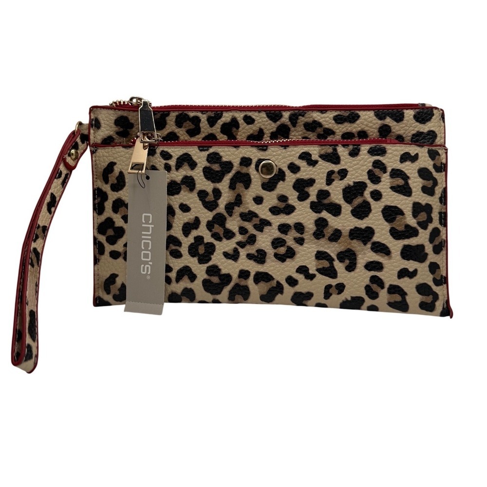 Chicos Leopard Print Red Pouch Set 2 Piece Faux Leather Zipper Clutch New